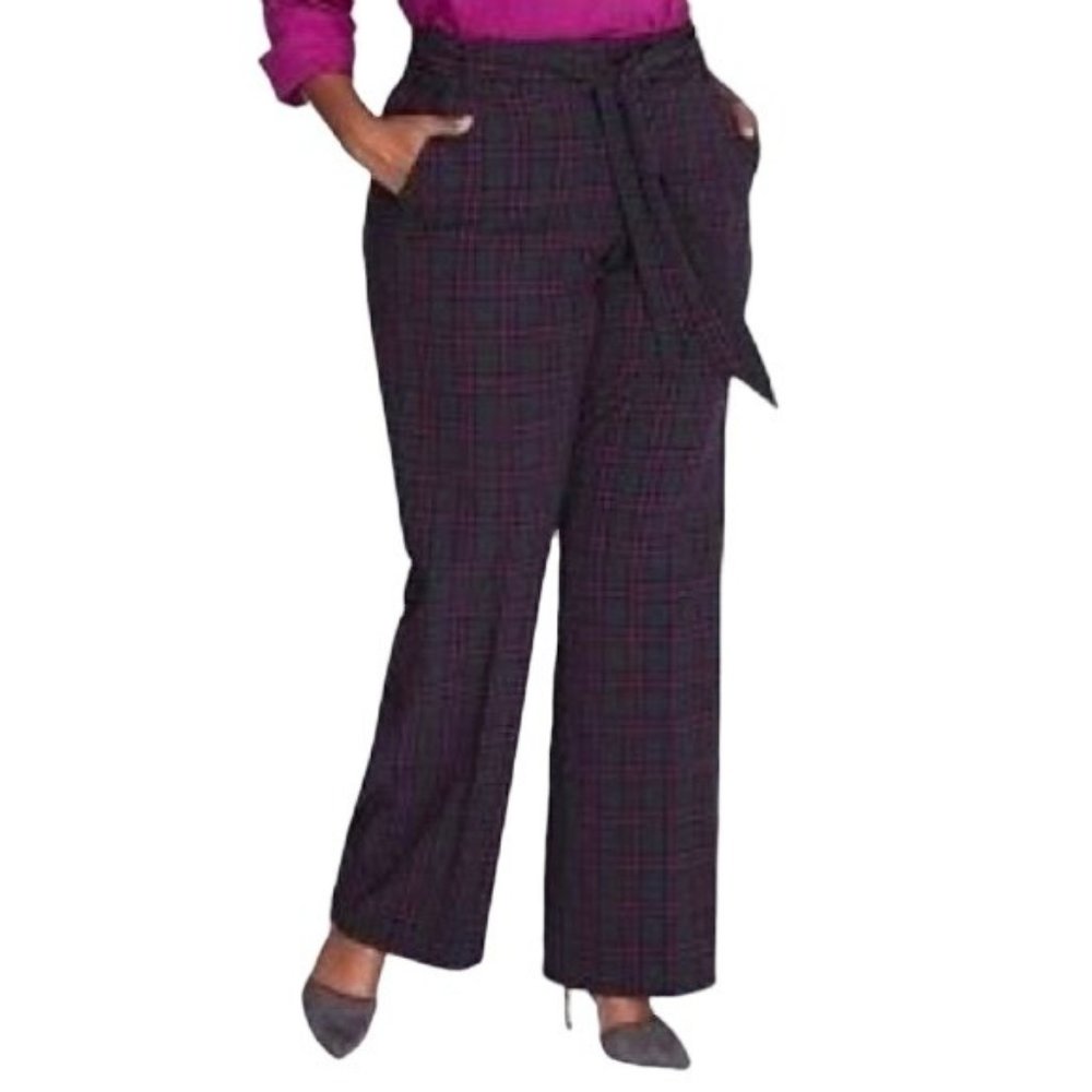 Lane Bryant Women's Gray Purple Plaid Waist Tie Wide Leg Trouser Sz 18S